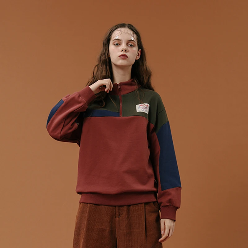 

Casual Spring New Women Pullover Sweatshirts Loose Stand Collar Zipper Patchwork Design Female Hoodie Pullovers Tops Long Sleeve