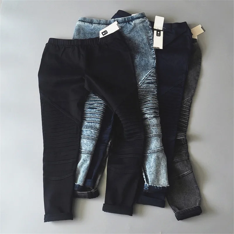 

Summer Woman Moto Biker Jeans Vintage Pleated Jeans Femme Casual Skinny High Elastic Pencil Denim Pants Feminina