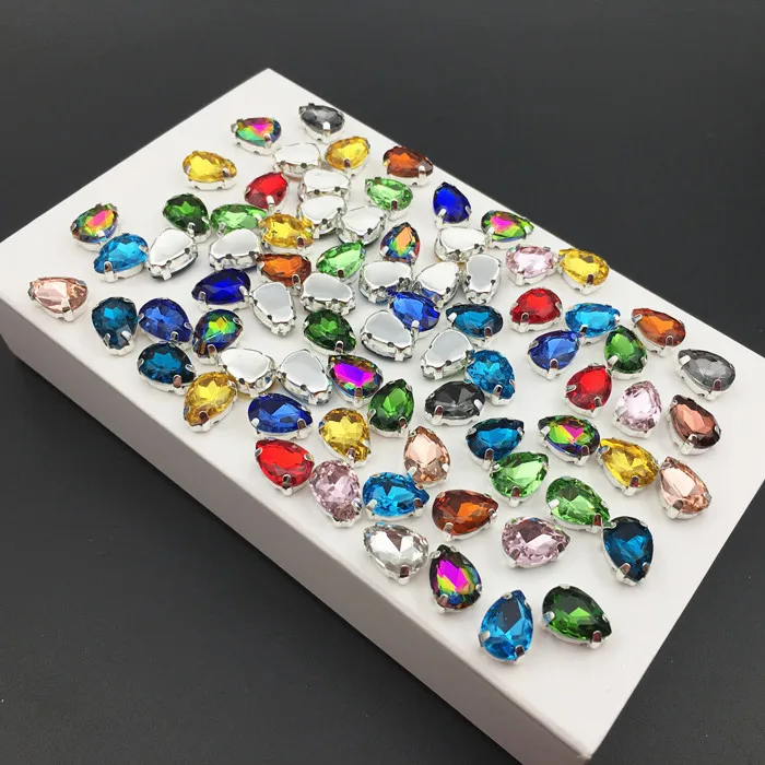 7x10mm Mix Colors Droplet Sewing On Glass Crystal Fancy Rhinestones In Silver Claw Setting Stones For Wedding Dress | Дом и сад