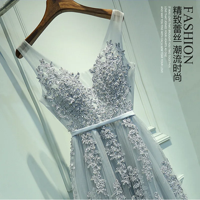 Женское вечернее платье с кружевной аппликацией длинное фатиновое v образным