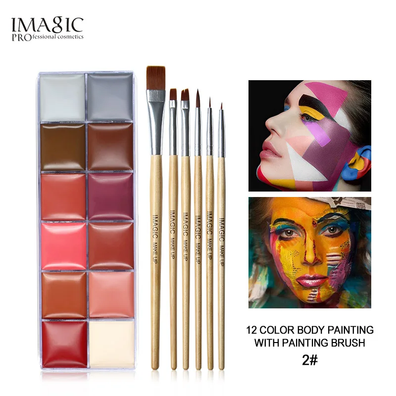 IMAGIC, 12 цветов, флеш-тату, краска для лица, краска для тела, масляная краска, художественное использование для вечеринки в честь Хэллоуина, нарядное платье, инструмент для макияжа красоты - Цвет: 2 add brush