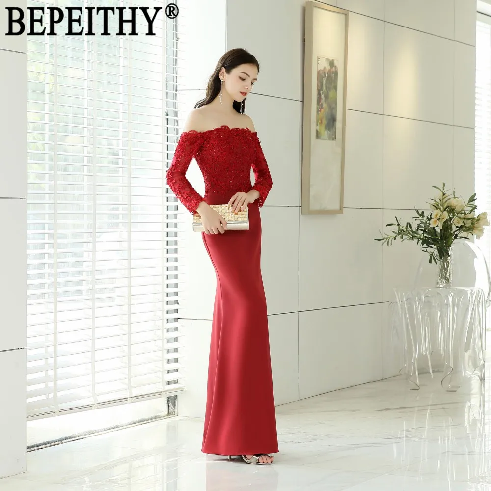BEPEITHY vestido de festa дизайн вырез лодочка, аппликация бисером красные атласные длинные в стиле русалки вечерние платья
