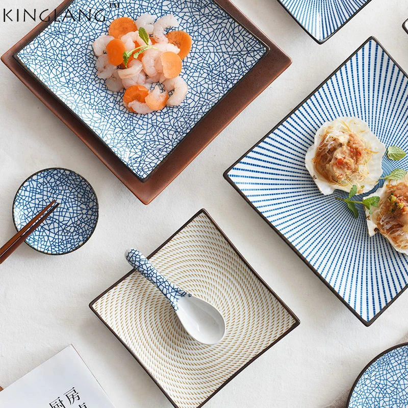 

Japanese Ceramic Square Shape Dinner Dish Plate Crockery Factory wholesale Ceramic Dinnerware Blue and White Bone China