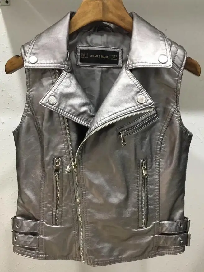 M005 Silver Женский жилет из искусственной кожи, новинка, мотоциклетный жилет на молнии, тисненый жилет из искусственной кожи, тонкий тактический жилет с заклепками, женский европейский Прямая поставка - Цвет: M005 Silver