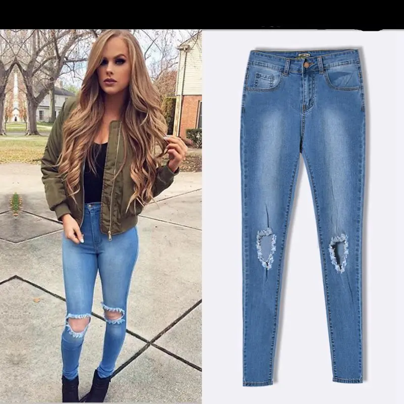PADAUNGY отверстие Джеггинсы Высокая Талия Джинсы для женщин рваные Pantalon Taille Haute Femme
