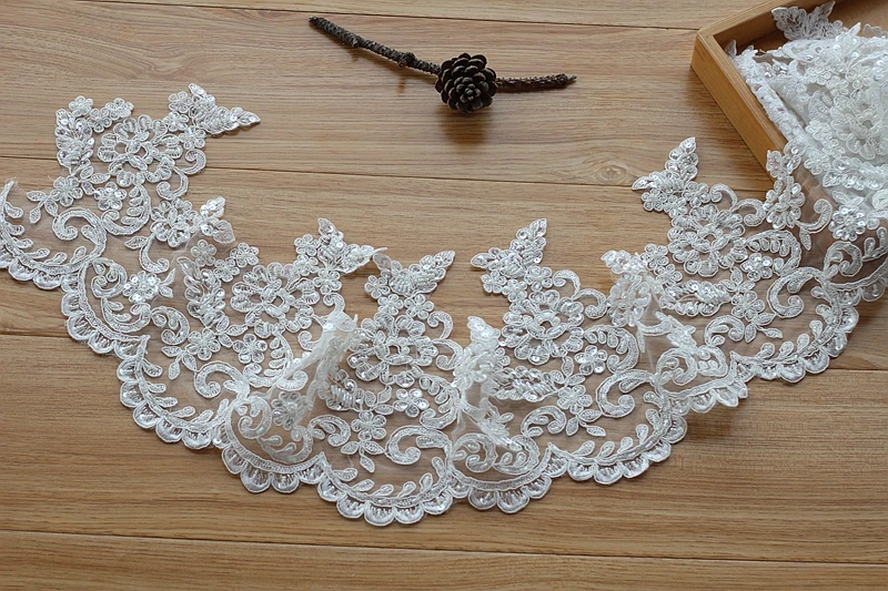 

Ivory Alencon Lace Trim High Quality Hand Made Beaded Sequined Wedding Lace Trim Embroidered Retro Lace Bridal 7.88'' Wide 1yard