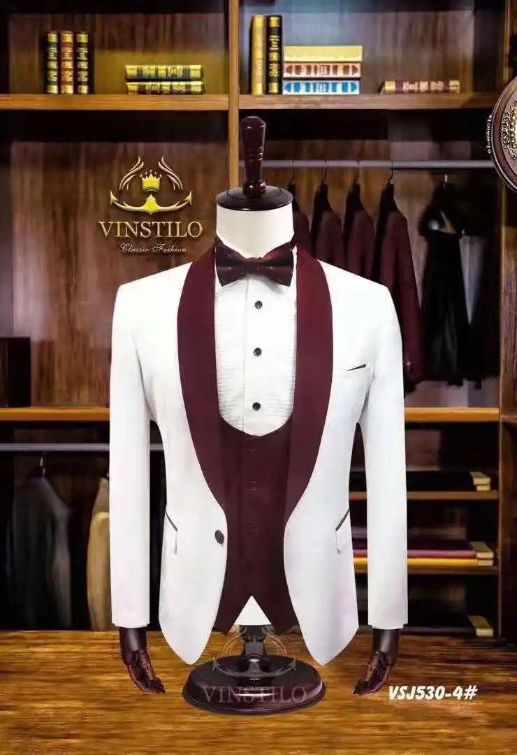

White Wedding Suits For Men Wine Red Shawl Lapel Formal Tuxedos Groom Prom Party Blazer Handsome Men Suits Costume Homme Mariage
