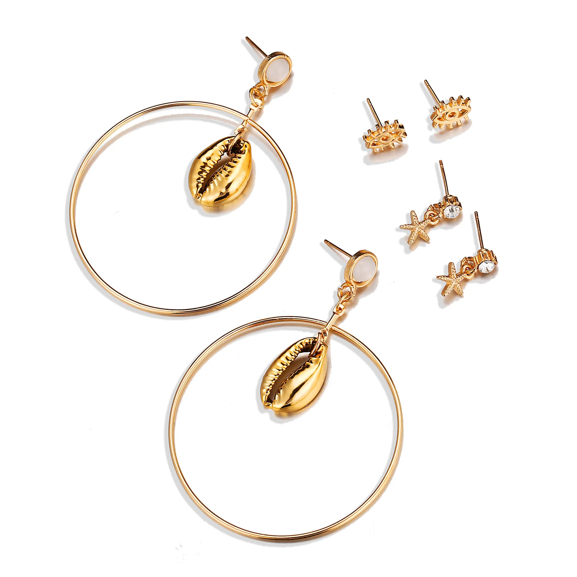 Серьги-гвоздики золотого цвета стразы полые ракушки Звездные глаза круглые