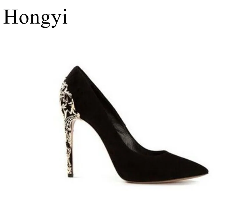 Лидер продаж черные замшевые туфли-лодочки Hongyi на высоком каблуке с острым