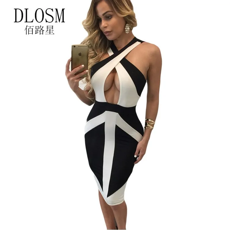 DLOSM Черный Фиолетовый Colorblock Крест Передняя С Плеча Bodycon Платье Халат Сексуальный