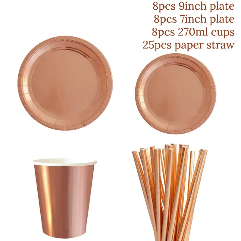 49pcs set 2 49 шт./компл. розовое золото одноразовая посуда бумажные тарелки в полоску чашки соломинки Свадьба юбилей вечерние предметы для украшения дня рождения - Цвет: 49pcs set 2