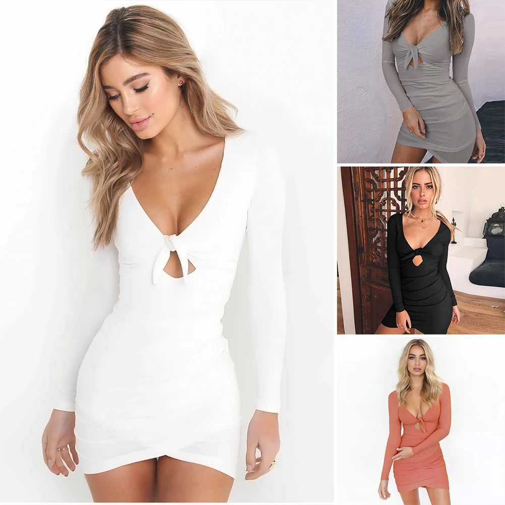 Для женщин V шеи Сексуальная бандажная повязка с длинным рукавом обтягивающее