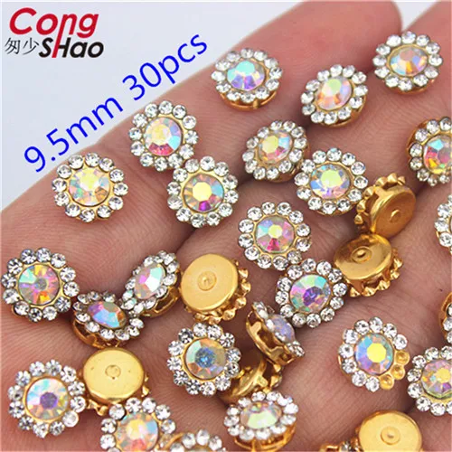 9.5mm 30pcs Высокое качество пришить Стекло AB кристаллы Золотая Цветочная аппликация со стразами для шитья коготь Кристалл Камень для рукоделия одежда 8Y272 - Цвет: 9.5mm 30pcs