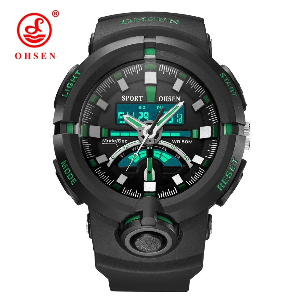 2017 Ohsen цифровой Кварц Открытый Спорт Для мужчин часы зеленый Dual Time Дисплей