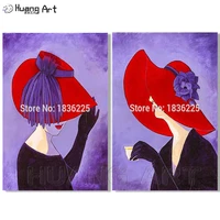 pop selling art high quality unique handmade purple backgroud painting elegant lady in a hat portrait oil painting on canvas