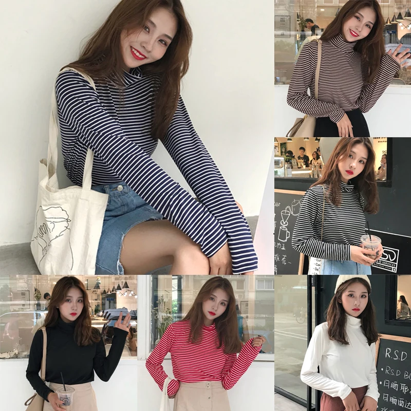 Женская Однотонная футболка в полоску с длинным рукавом и высоким
