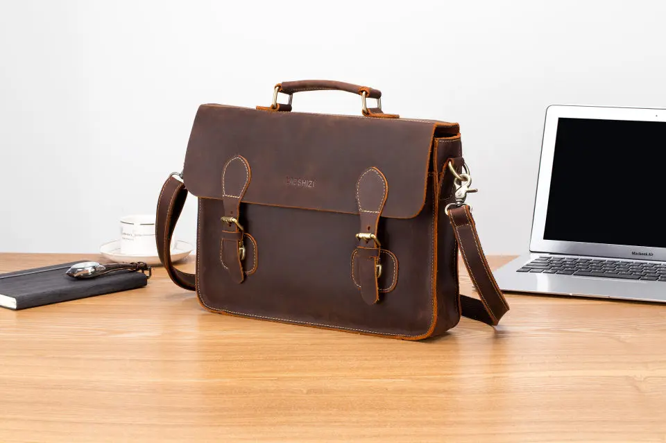 LAOSHIZI LUOSEN Men's Vintage Crazy Horse Leather Briefcase Messenger Shoulder Portfolio Laptop Bag Case Office Handbag