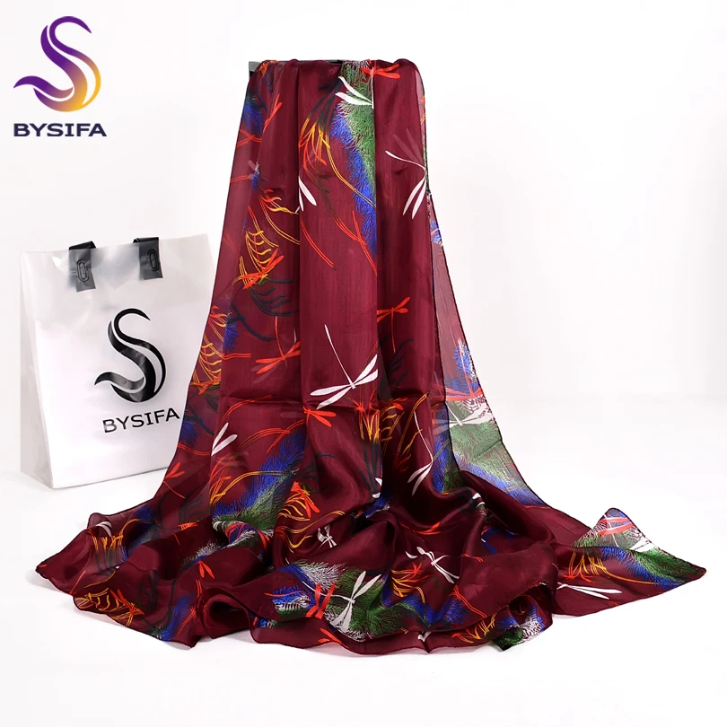 Женский шарф шаль BYSIFA весенне осенний бордовый цвет из чистого шелка длинная 100%