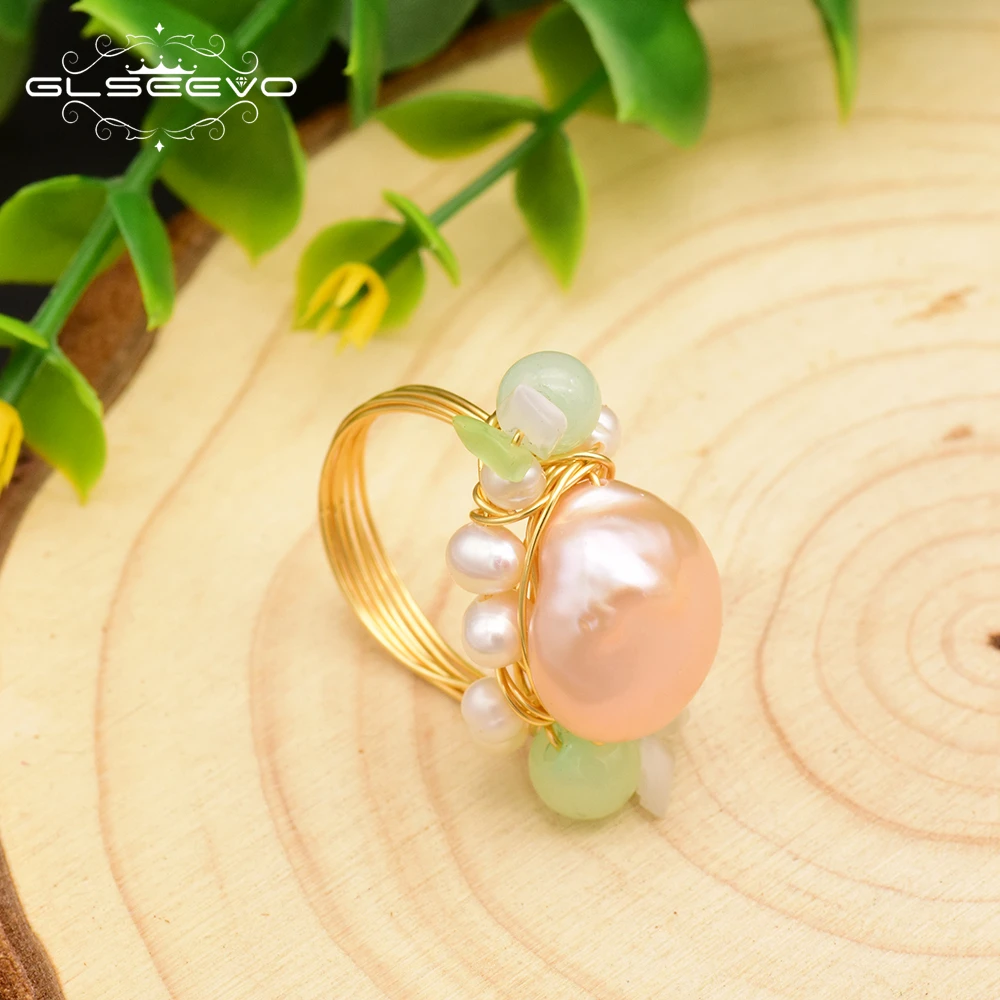 

GLSEEVO Handmade Original Natural Pink Baroque Pearl Green Stone Ring For Women Wedding Engagement Fine Jewelry GR0233