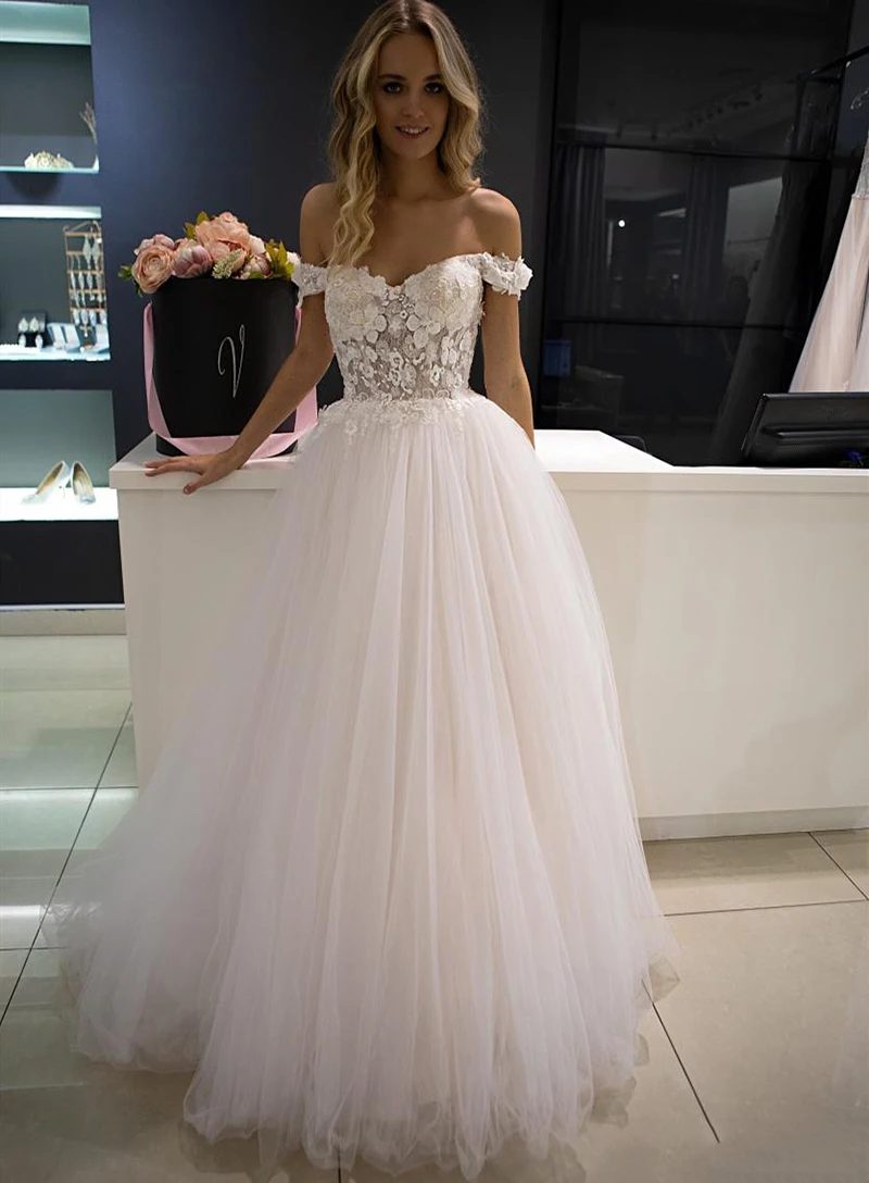 3D Flowers Wedding Dresses Off The Shoulder Sweetheart Tulle Bridal Gowns Vestidos De Novia Long Train Bride Dress 2019 | Свадьбы и
