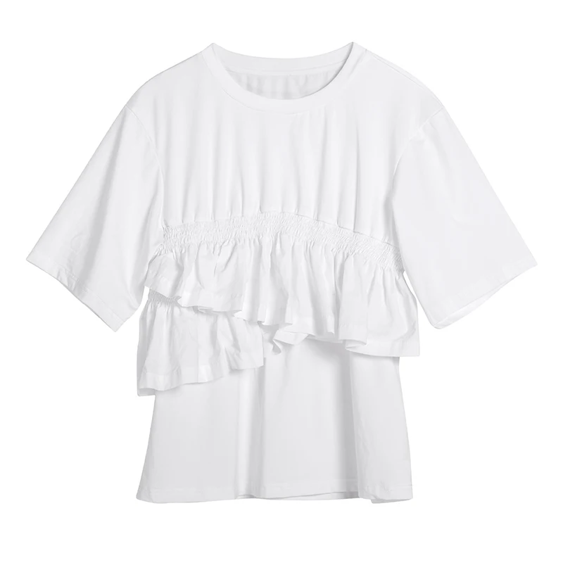 TWOTWINSTYLE, Корейская белая футболка для женщин, с круглым вырезом, с коротким рукавом, туника, с неровными оборками, топы, одежда для женщин, мода, лето