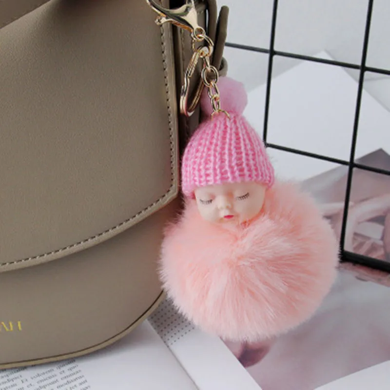 10pcs Fashion Sleeping Baby Doll Keychain Pompom Rabbit Fur Ball Key Chain Car Keyring Women Holder Bag Pendant Charm Gifts | Украшения и