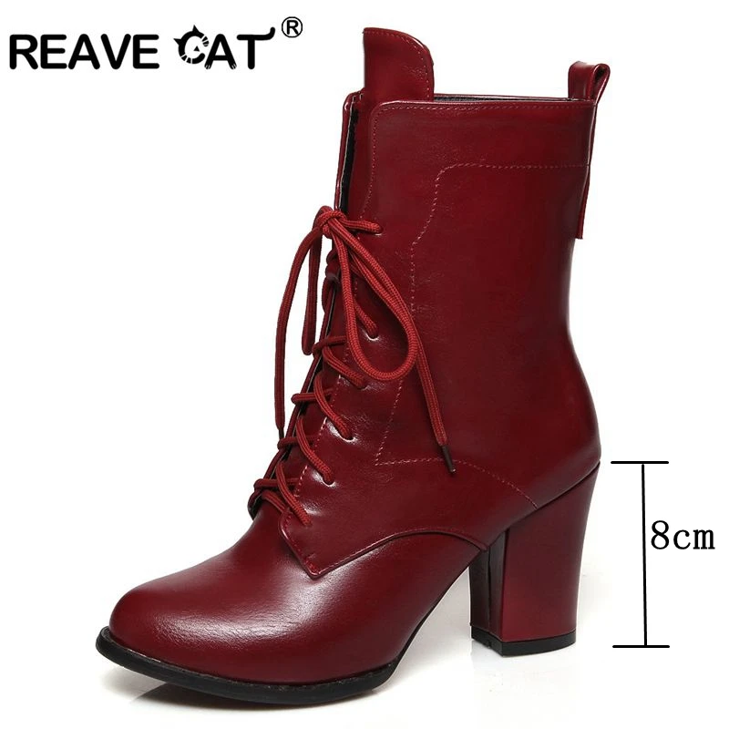 REAVE CAT/большие размеры 32-48; Новые осенне-зимние ботильоны; женские ботинки на высоком каблуке и платформе, со шнуровкой, расшитые блестками; теплая обувь