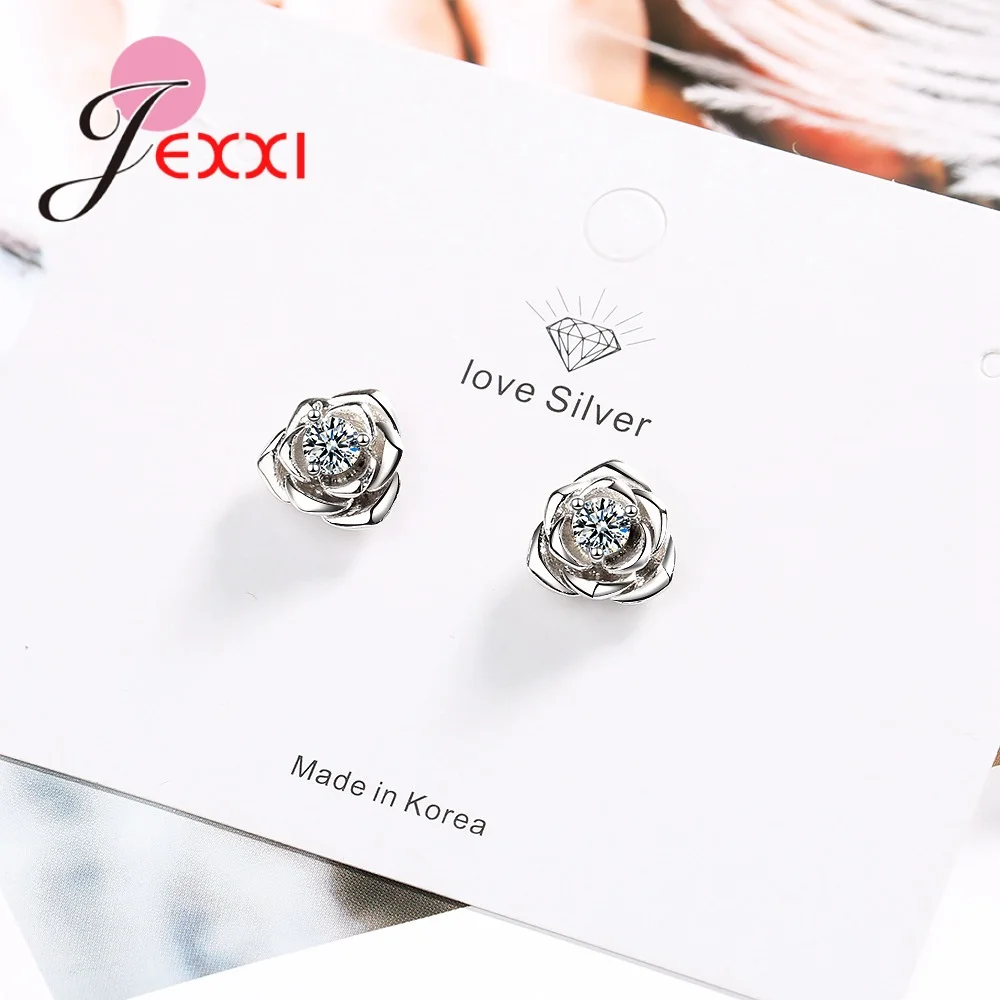 

New Fashion Shiny Crystal Rose Stud Earrings 925 Sterling Silver Cubic Zirconia Jewelry For Woman & Girls
