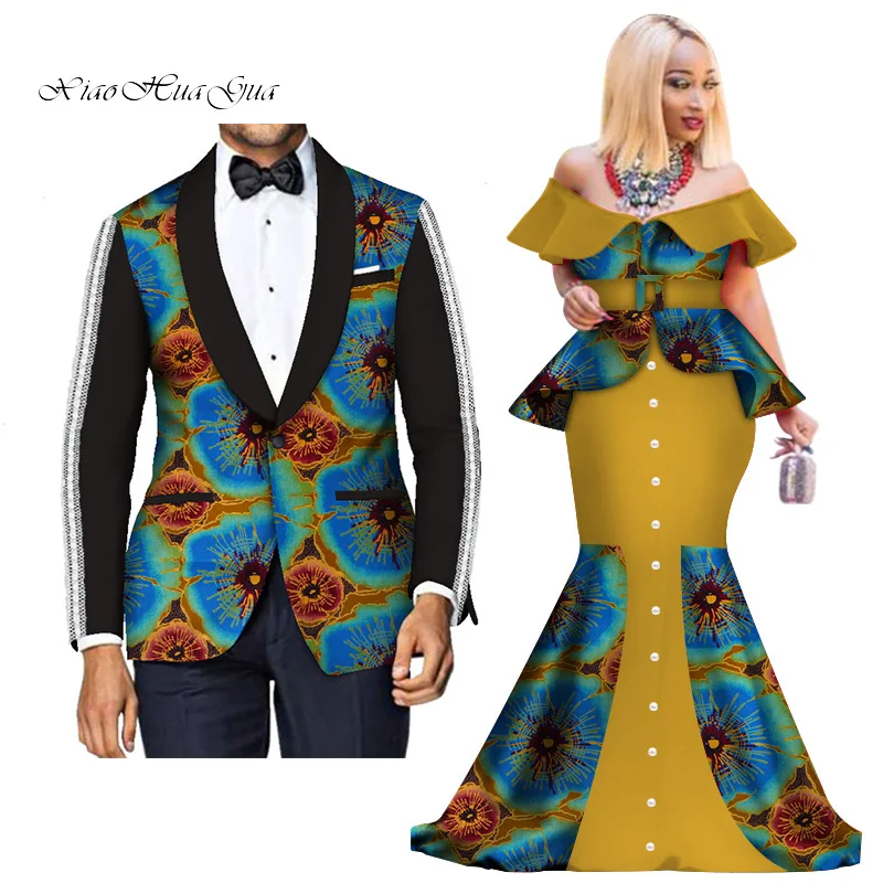Fashion Custom African Couple Wedding Clothing Dashiki Women Skirt& Men Blazer for Lovers African Traditional Clothing WYQ276