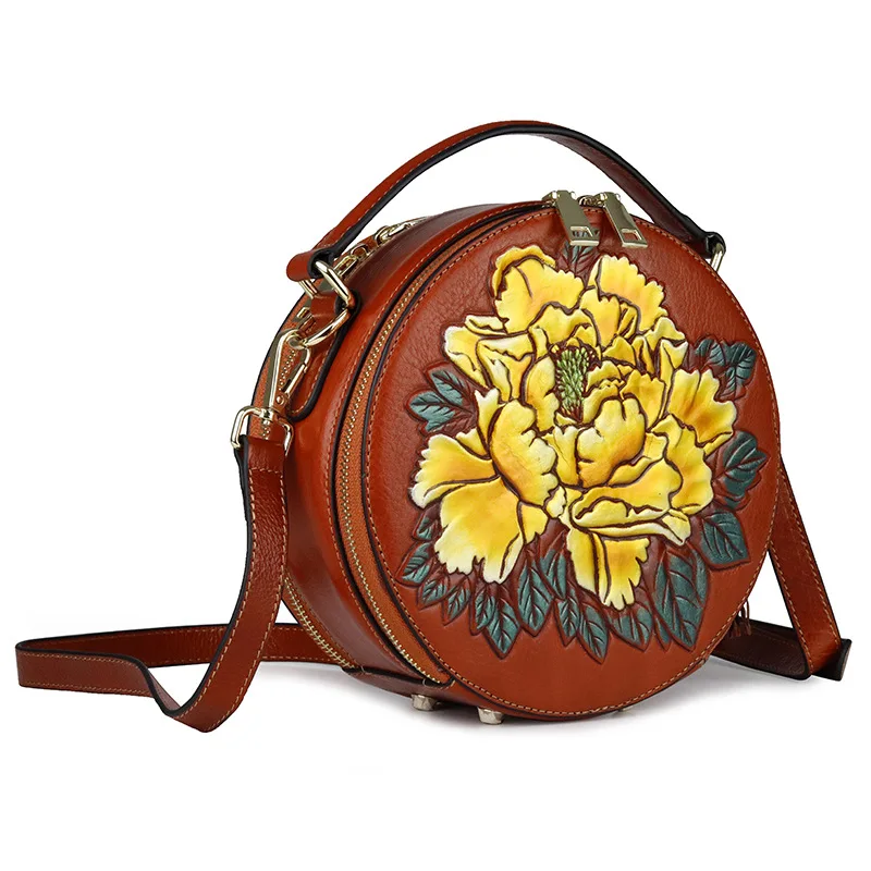 small women bag genuine leather shoulder bags embossed floral ladies leather handbag circular real leather crossbody bag