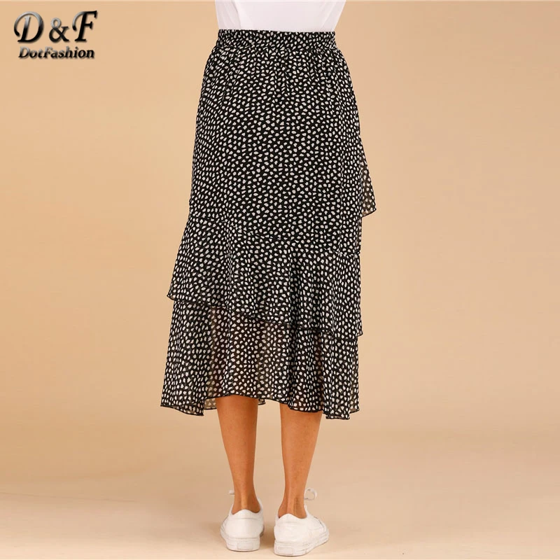 Dotfashion черно-белая многослойная юбка с принтом для женщин Лето Бохо весна Дамская мода трапециевидная Юбка со средней талией