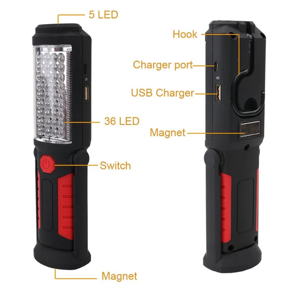 Usb зарядка 36+ 5LED Магнитный рабочий ручной флэш-светильник аварийный осмотр Рабочий фонарь светильник с крюком магнит портативный фонарь
