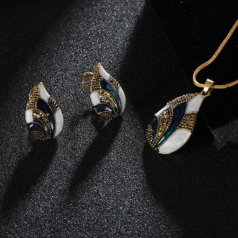 Personality Shell Water Drop Shape Long Pendent Necklace Stud Earrings Ring Women Wedding Jewelry Sets | Украшения и аксессуары