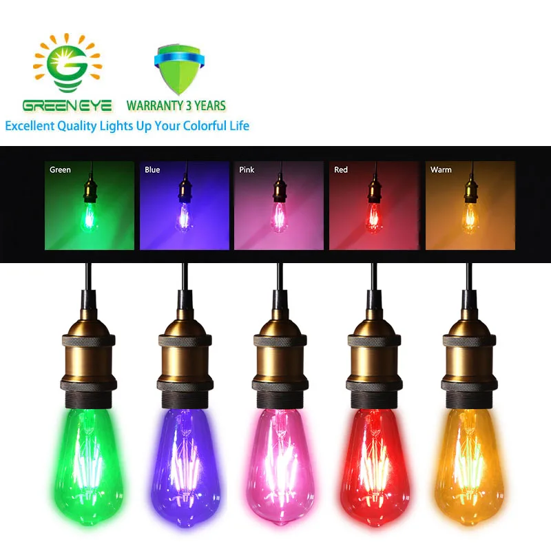 GreenEye 1~ 4 шт. Цвет светодиодный лампа Эдисона 220v E27 нити светодиодный светильник ST64 детская фоновая фотография в стиле ретро зелёное/синий/красный/розовый/теплый белый/белый ампулы Lampara