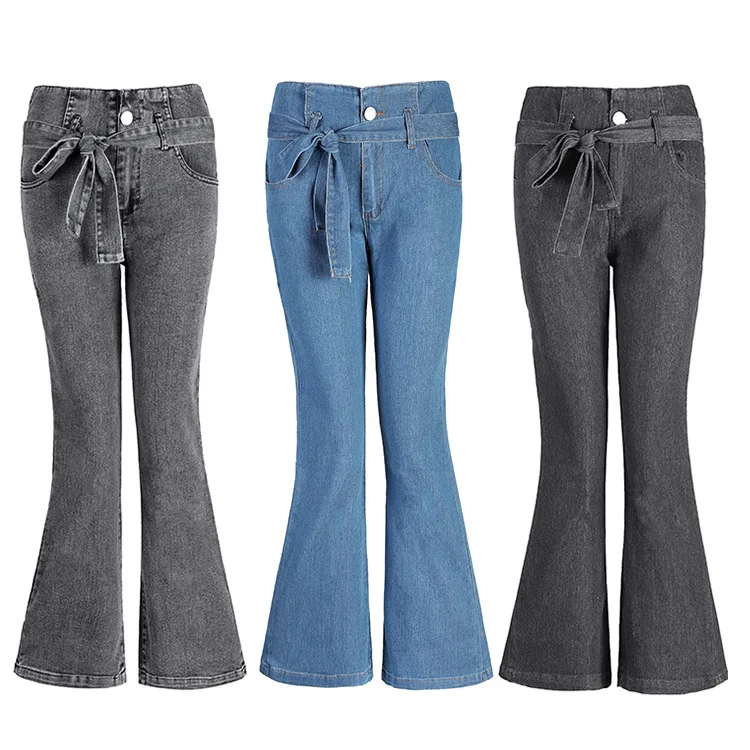 Женские джинсы с высокой талией эластичные облегающие со шнуровкой широкие