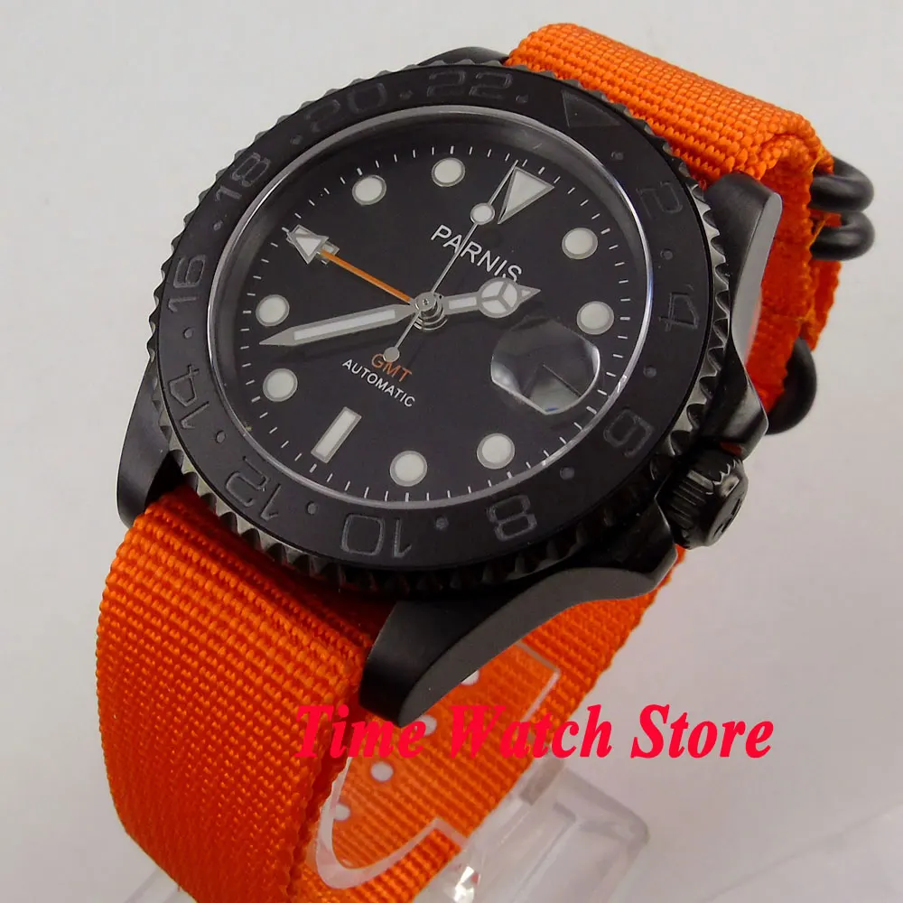 

Parnis 40mm GMT 3804 PVD case Automatic men's watch sapphire glass black dial luminous ceramic bezel red nylon strap 529