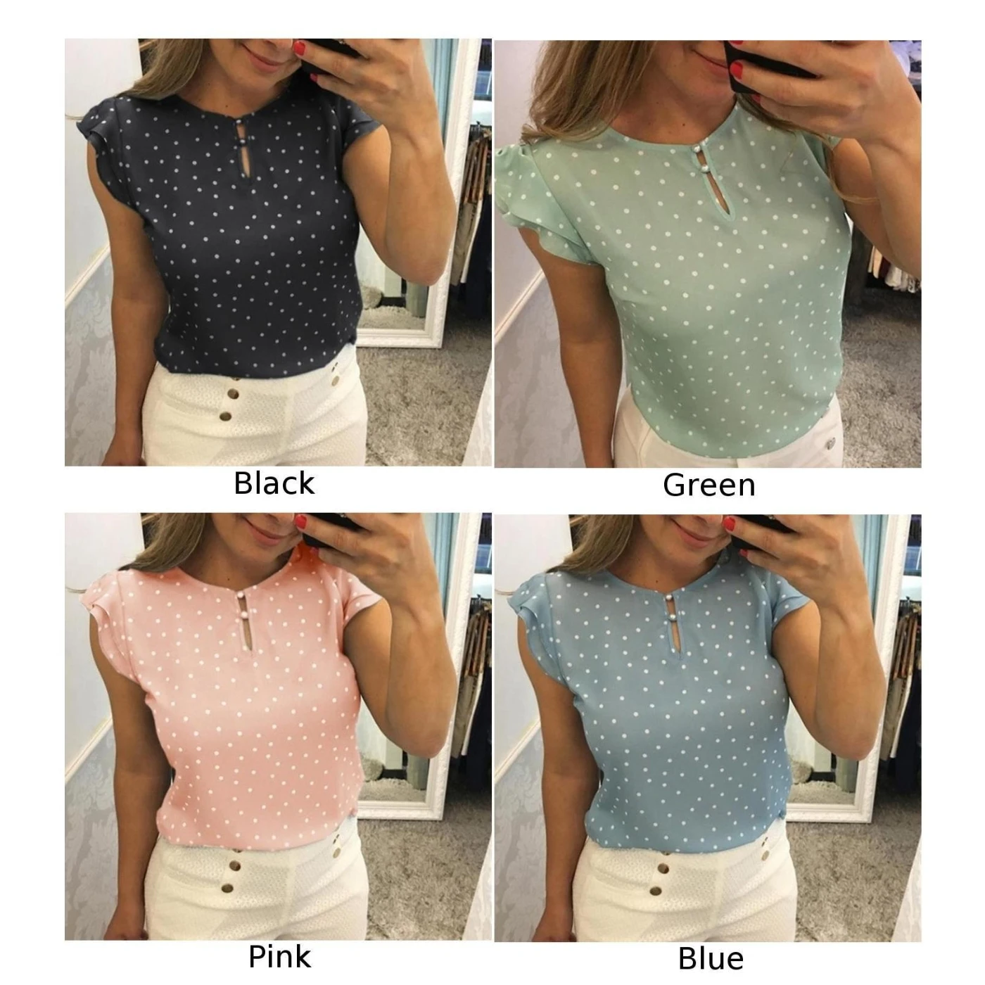 Летние топы женские повседневные удобный вокруг шеи короткий рукав горошек