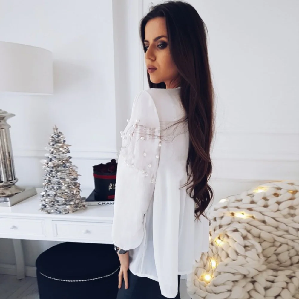 Hot sale spring Blouses Shirts Women fashion Pearls Beading Long lantern Sleeve V Ncek White Chiffon blouse Tops |