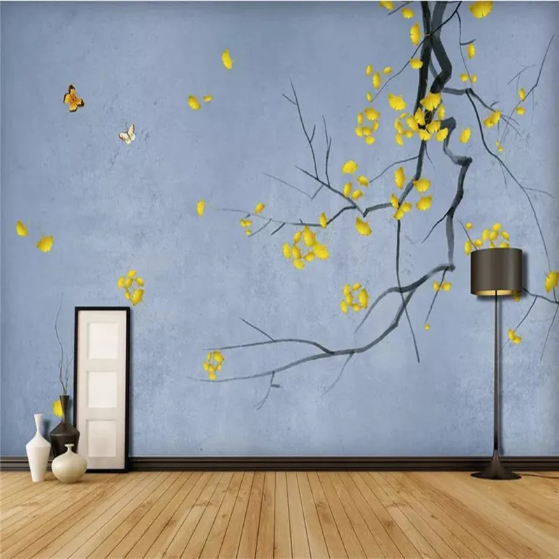 

Custom large wallpaper hand-painted new Chinese style pen gold ginkgo background wall painting waterproof material