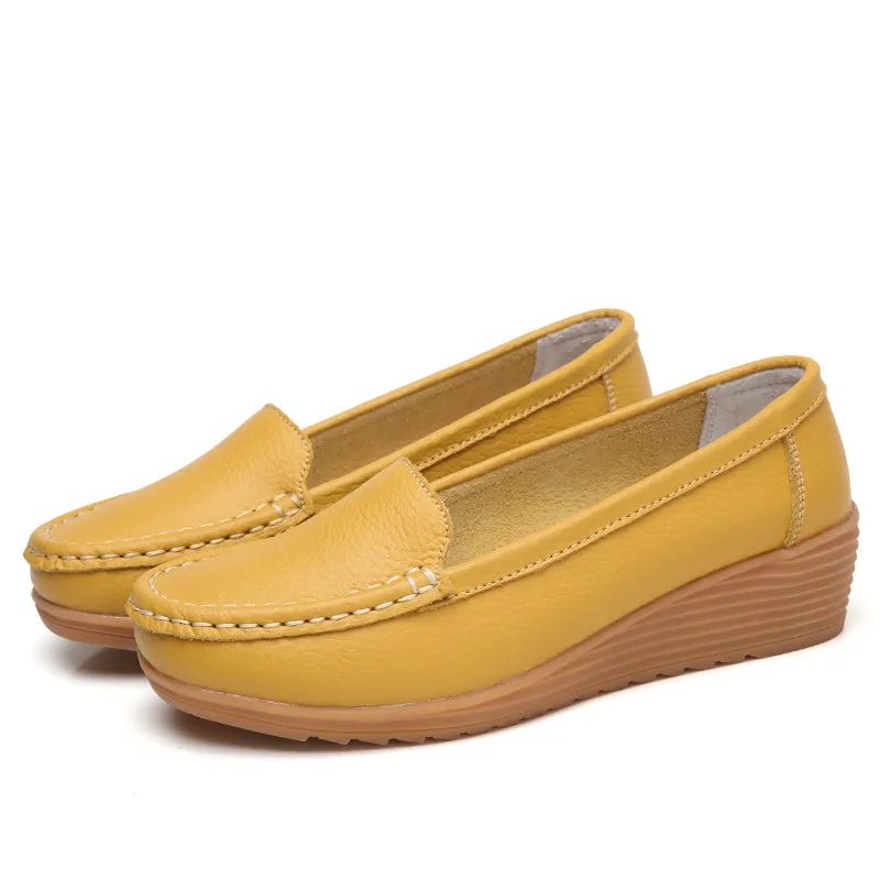 yellow MEMUNIA/ г., новая весенне-Осенняя обувь женская кожаная обувь с круглым носком Повседневная Удобная женская обувь на танкетке на среднем каблуке - Цвет: yellow
