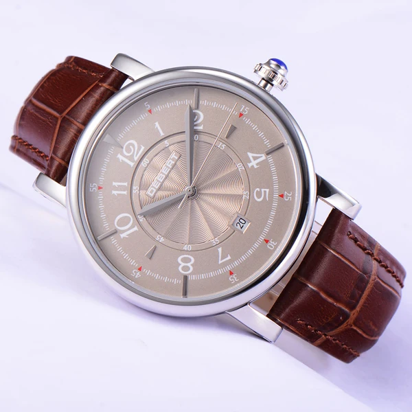 Модные Классические мужские механические часы с серым циферблатом и коричневым