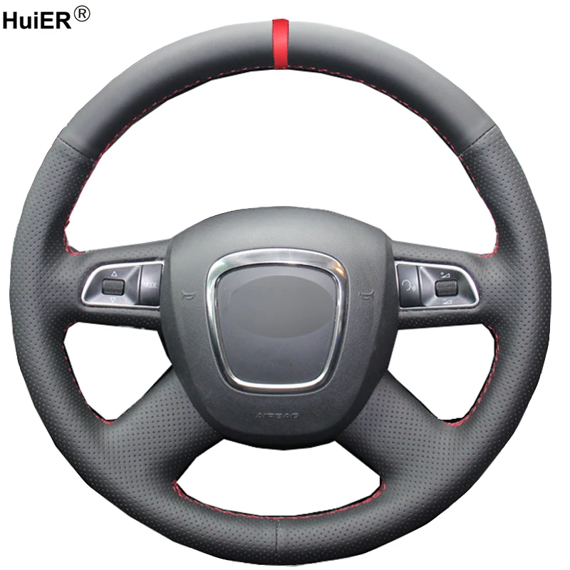 HuiER Hand Sewing Car Steering Wheel Cover Non-slip Red Marker For Audi Old A4 B7 B8 A6 C6 2004-2011 Q5 2008-2012 Q7 2005-2011