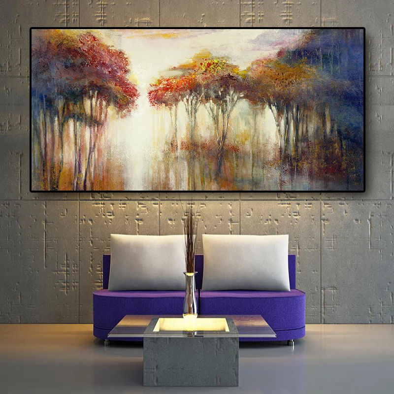 Абстрактная Красочная картина маслом на холсте с изображением дерева и леса