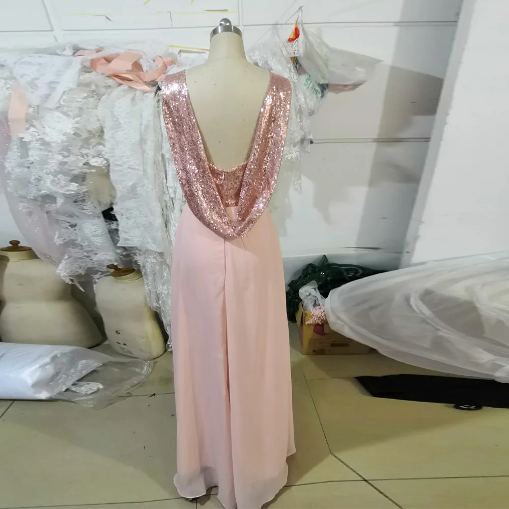 Платье подружки невесты розовое золото шифоновое платье на бретельках с