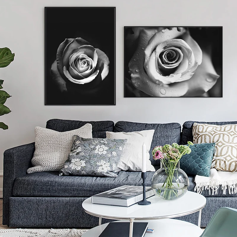 

Minimalist Black and White Wall Decor Noble Floral Canvas Art Painting Dew Rose Posters and Prints Pictures for Living Room