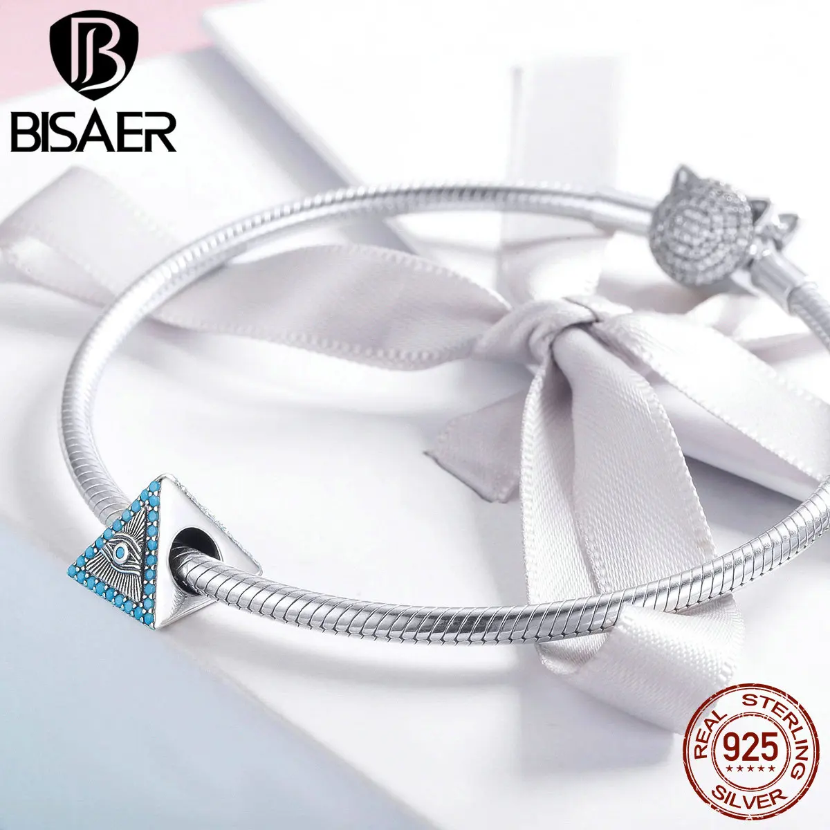 BISAER Подлинная 925 пробы Серебряный религиозный голубой глаз Хранитель пирамиды бусины для изготовления ювелирных изделий для женщин браслет HSC1093