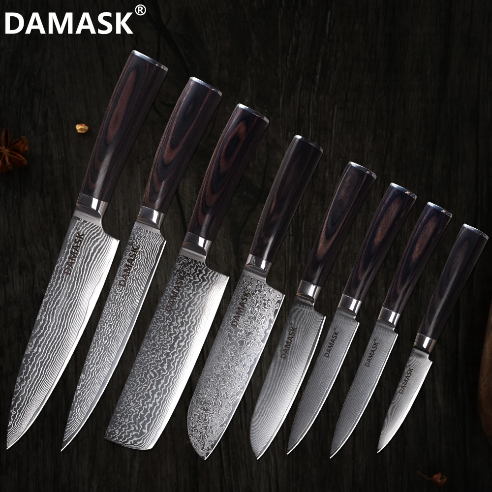 Damask 8 шт. набор дамасский кухонный нож VG10 дамасский стальной набор ножей для повара нарезки сантоку разделочные универсальные ножи Набор Лучший поварской