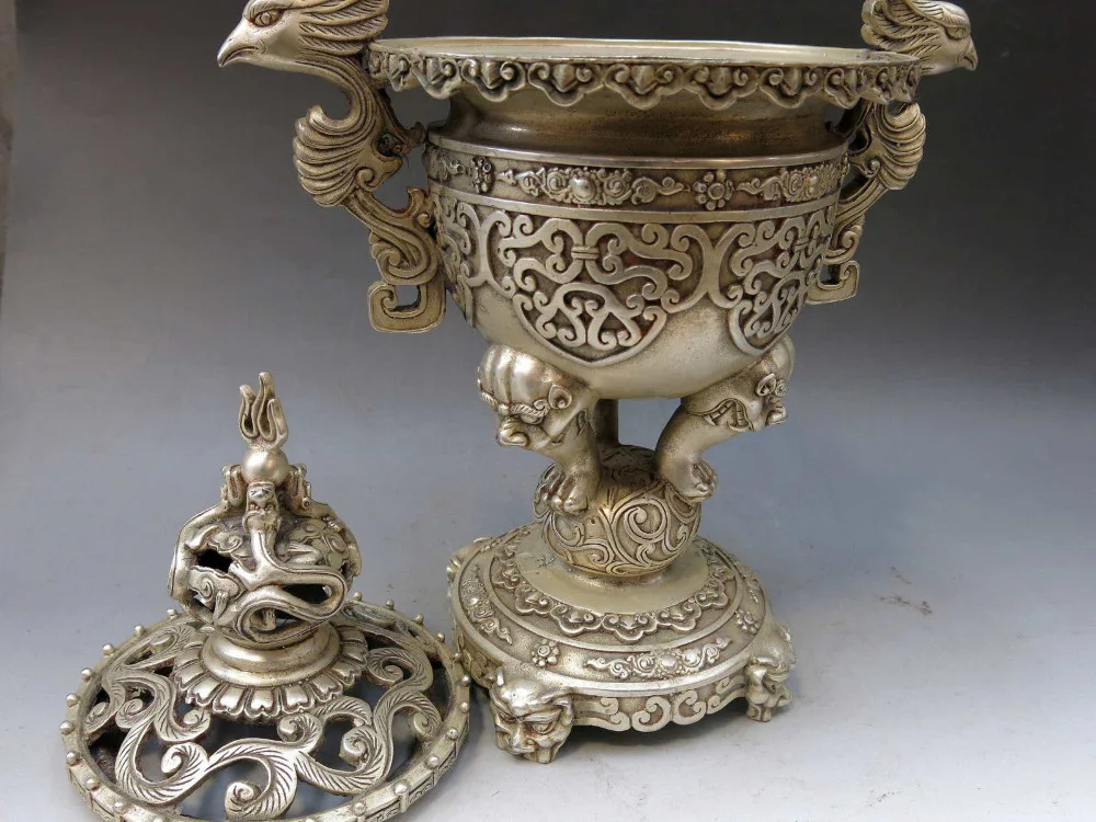 13 &quotКитай Серебро ручная работа резной Феникс сенсер Дракон благовония горелка