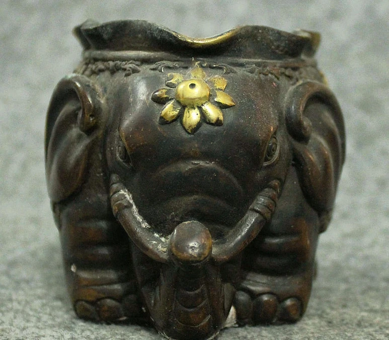 Китайская Бронзовая позолота JiXiang статуя слона ручка контейнер кисть горшок