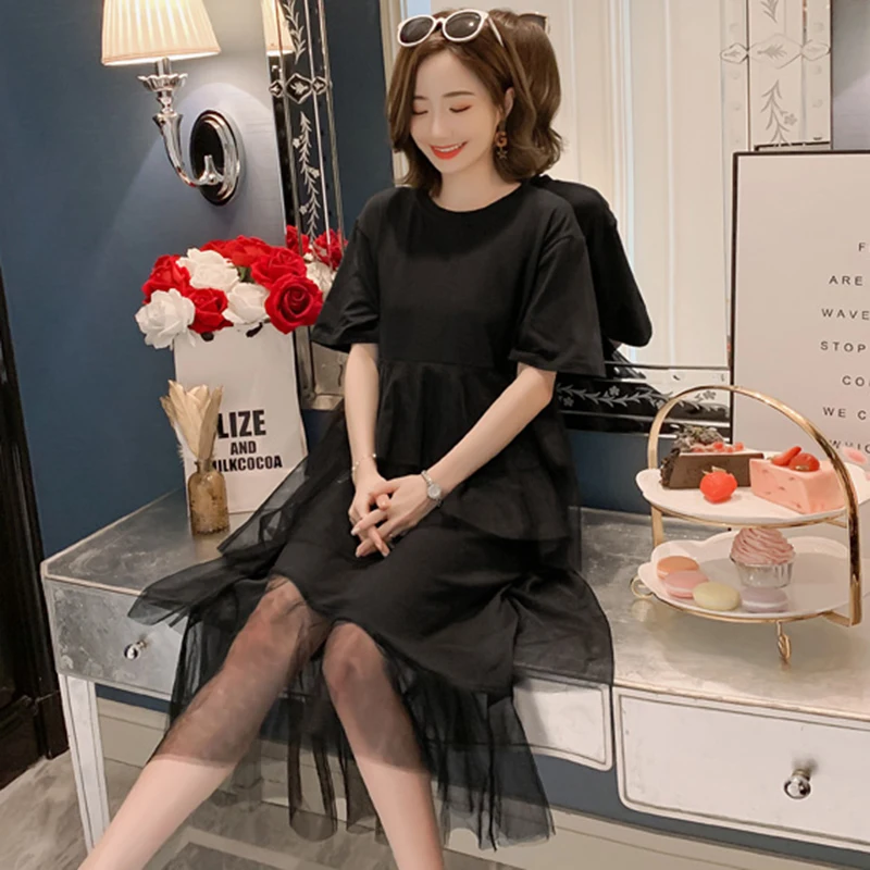 2020 Summer Women's New Dress In The Long Section Over Knee Stitching Mesh Fashion Pleated Casual Vestido QQ191 | Женская одежда